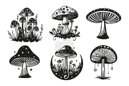 Illustration for Magic mushroom and moon fairy silhouette set. Mushrooms with stars celestial vector collection art - Royalty Free Image