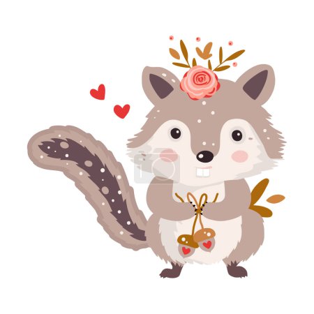 Ilustración de Lindo ardilla ardilla animal carácter aislado con regalo y flor Vector feliz tarjeta de felicitación divertida para el día de San Valentín y cumpleaños. - Imagen libre de derechos