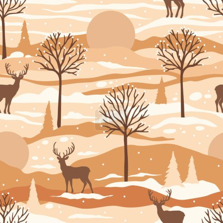 Ilustración de En un mundo caprichoso de tonos vibrantes, ciervos en el bosque de invierno de árboles intrincadamente dibujados patrón de vectores sin costuras, pintura estética del paisaje - Imagen libre de derechos
