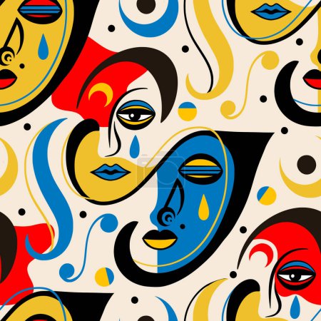 Illustration for Vibrant strokes of artistry collide in a playful frenzy of colorful faces, surrealism seamless vector pattern. creativity surrealism abstract drawing, people faces graphics - Royalty Free Image