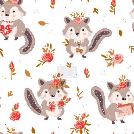 Illustration for A whimsical illustration of a group of adorable cartoon chipmunks with rose flower, each holding a brightly wrapped gift. Vector chipmunk seamless pattern - Royalty Free Image