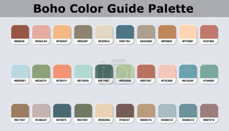 Set Of Boho Color Palette Catalog Sample With RGB HEX Codes Isolated In Groups For Ui Design, Fashion Interior And Website Designing Vector Graphics.