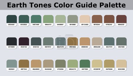 Set Of Earth tones Color Palette Catalog Sample With RGB HEX Codes Isolated In Groups For Ui Design, Fashion, Interior And Website Designing. Vector Graphics.