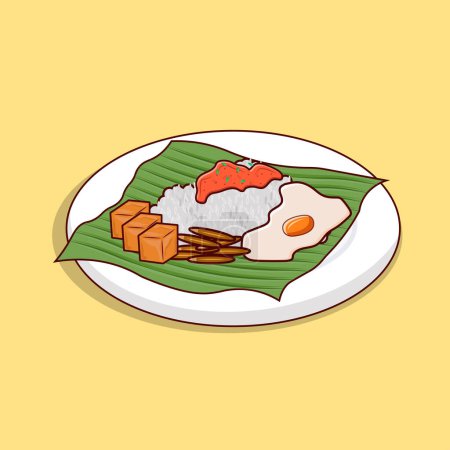 Illustration for Detailed rice, tofu with chilli sauce on banana leaf on white plate illustration for food icon, asian food icon, food menu icon illustration, handrawn illustration, - Royalty Free Image