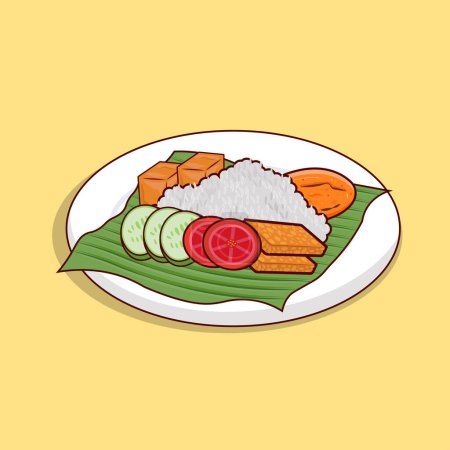 Illustration for Detailed rice, chicken meat, tofu with chilli sauce on banana leaf illustration for food icon, asian food icon, food menu icon illustration, handrawn illustration, - Royalty Free Image