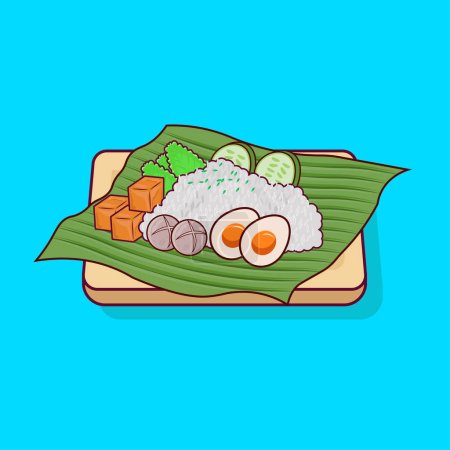 Illustration for Detailed hot rice with meatball, egg, slice of cucumber, tofu, lettuce on wooden plate illustration for food icon, asian food icon, food menu icon illustration, handrawn illustration, - Royalty Free Image