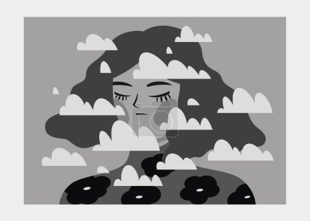 Photo for Girl with closed eyes, head in the clouds, prison of thoughts and illusions. Young teenager black and white illustration - Royalty Free Image