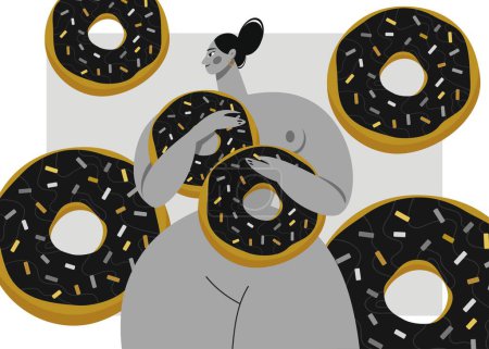 Photo for Naked fat girl holding big black donuts with sprinkles. Sweet dessert food illustration. Overweight woman in doubts black and white illustration. Eating disorder. girl covers her body with donuts - Royalty Free Image