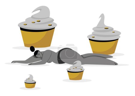 Photo for Cupcake pattern vector art. Cake with cream food pattern. Dessert illustration, gils lies between cupcakes. Eating disorder. Weight loss. - Royalty Free Image