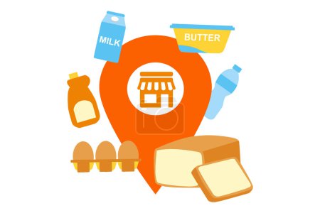 Ilustración de General Store Ubicación Pin Gráficos que muestran varios artículos de comestibles en un estilo de ilustración ordenado y limpio - Imagen libre de derechos