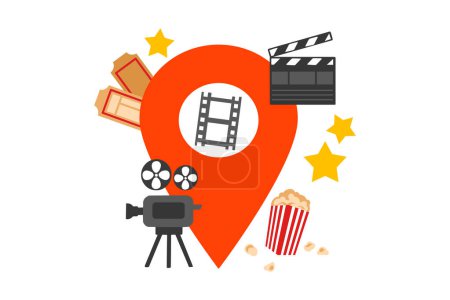 Illustration for Movie Theater Location Pin Graphics showing film theater elements in attractive illustration style - Royalty Free Image
