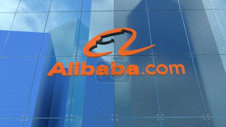 Téléchargez les photos : Animation Alibaba d'un logo d'entreprise dans un immeuble de bureaux en verre. Parfait pour les présentations d'entreprise ou les vidéos promotionnelles. - en image libre de droit