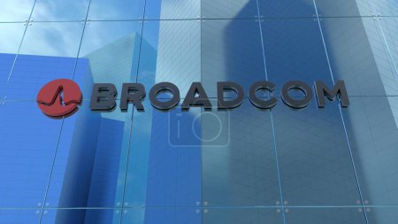 Foto de Broadcom Esta animación 3D muestra la fachada de cristal de un edificio de oficinas contemporáneo. Solo para uso editorial. - Imagen libre de derechos