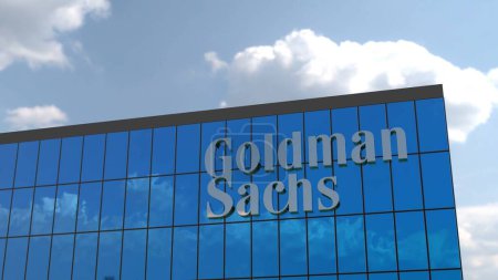 Foto de Goldman Sachs Esta animación 4K presenta el logotipo de una gran empresa que se muestra en la fachada de vidrio de un edificio corporativo. Ideal solo para uso editorial. - Imagen libre de derechos