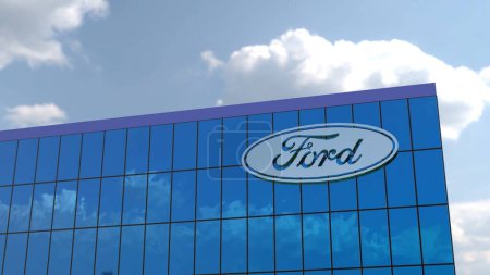 Foto de Ford Esta animación 4K revela el logotipo de una corporación de negocios superior que se muestra en la fachada de vidrio de un edificio corporativo. Ideal solo para uso editorial. - Imagen libre de derechos