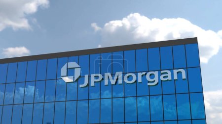 Téléchargez les photos : JPMorgan Chase Une superbe animation 4K avec le logo d'une grande entreprise affichée sur un bâtiment en verre. Parfait pour un usage éditorial seulement. - en image libre de droit
