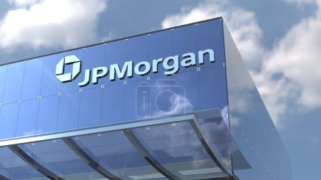 Photo for JPMorgan Chase Take a look at this sleek office building featuring corporate branding in stunning 4K only editorial footage. Admire the building's glass facade and elegant design elements as you explore its interior spaces. - Royalty Free Image