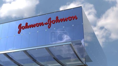 Foto de Johnson y Johnson Este material editorial de 4K solo captura la belleza de un edificio corporativo con vidrio de color azul y un logotipo reconocible. - Imagen libre de derechos