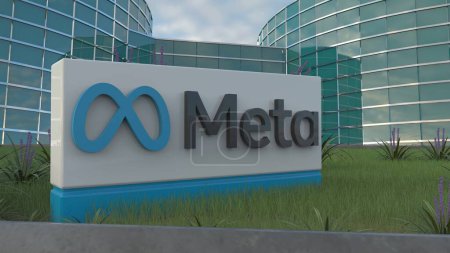 Photo for Meta Gain valuable insight into the world of corporate branding with this editorial footage showcasing a refined logo animation, set against the backdrop of a business office building. - Royalty Free Image
