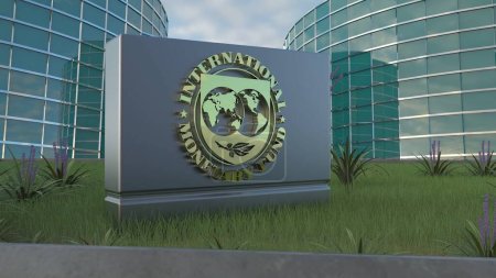 Téléchargez les photos : Fonds monétaire international Plongez-vous dans le thème éditorial d'un logo d'entreprise méticuleusement conçu, présenté dans un panneau en métal et en plastique sur fond d'immeuble de bureaux d'affaires. - en image libre de droit