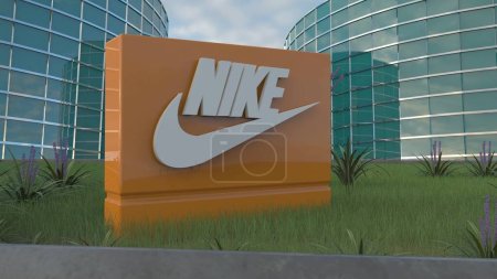 Foto de Nike Witness el poder de la marca como logotipo corporativo editorial dominan la fachada del edificio de oficinas. - Imagen libre de derechos