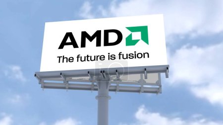 Photo for AMD Advanced Micro Devices Editorial logo animation set against an ethereal sky background, representing the essence of corporate excellence - Royalty Free Image