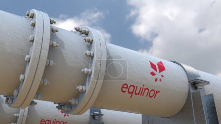 Photo for Equinor Illustration featuring the steel cylinder of a petroleum and gas pipeline, accompanied by the anchorage system, against a blue sky background. - Royalty Free Image