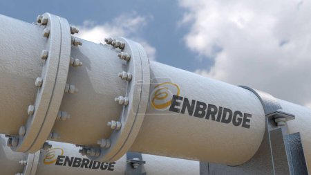 Foto de Enbridge Illustration exhibe el cilindro de acero de un oleoducto de petróleo y gas con el logotipo de la compañía, sobre un fondo azul del cielo. - Imagen libre de derechos