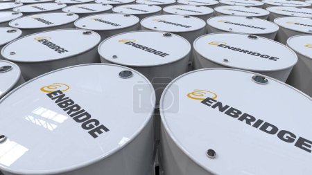 Foto de Enbridge Descubra el mundo del almacenamiento industrial de petróleo con barriles de metal animados que muestran su logotipo corporativo. - Imagen libre de derechos