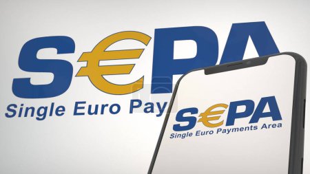 Photo for SEPA app logo in mobile display screen and background editorial - Royalty Free Image