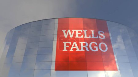 Téléchargez les photos : Logo Wells Fargo Le Global Business Hub Une vue captivante de la tour de verre Une vue captivante de la tour de verre, représentant un carrefour mondial pour les entreprises. - en image libre de droit