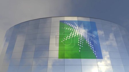 Photo for Saudi Aramco logo Corporate Reflections The Iconic Glass Tower of Capitalism  An imposing glass tower that reflects the grandeur and power of the corporate world. - Royalty Free Image