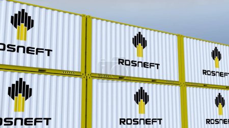 Photo for Rosneft logo Ship container with element logo and flag - Royalty Free Image