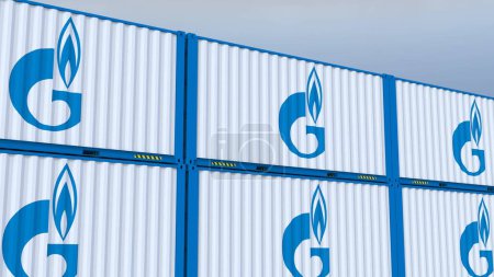 Photo for Gazprom logo Metal Boxes Branded with Identity Logo and Flag Adorned Shipping Containers - Royalty Free Image