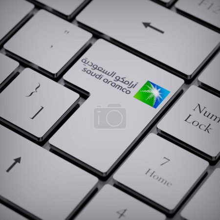 Photo for Saudi Aramco logo notebook keycap 3d illustration stock market editorial - Royalty Free Image