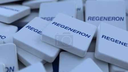 Photo for Regeneron Pharmaceuticals logo cube company background 3d illustration stock market editorial - Royalty Free Image