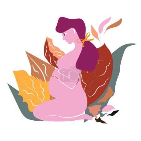 Ilustración de Arte de fondo floral de mujer embarazada, diseño rosa futura mamá, logotipo del vector concepto de embarazo. Silueta negra de una mujer embarazada. La maternidad ama el arte. Mujer con gran vientre amor forma concepto arte. - Imagen libre de derechos