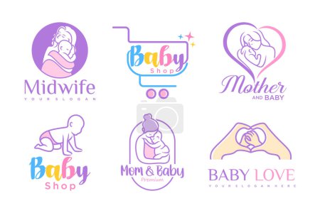 Téléchargez les illustrations : Heureux bébé et mère icône ensemble logo design.badges pour enfants store & baby care center.illustration - en licence libre de droit