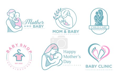glückliches Baby und Mutter Icon Set Logo-Design. Abzeichen für Kinderladen & Babypflegezentrum. Abbildung