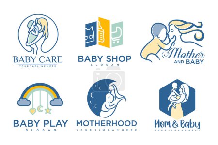 Ilustración de Feliz bebé y madre icono conjunto logotipo design.badges para la tienda de niños y el cuidado del bebé center.illustration - Imagen libre de derechos