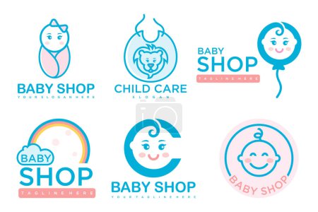 Ilustración de Bebé y madre naturaleza icono conjunto logotipo design.badges para la tienda de niños y el cuidado del bebé center.illustration - Imagen libre de derechos
