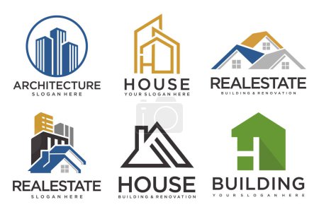 Téléchargez les photos : Logo immobilier, logo de la maison et icône du logo du bâtiment ensemble .design modèle illustration vectorielle - en image libre de droit