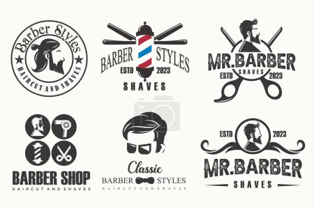 Téléchargez les illustrations : Ensemble de logo de salon de coiffure vintage, étiquettes, badges et élément de design
. - en licence libre de droit