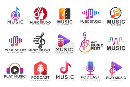 Téléchargez les photos : Icônes musicales logos set.vector avec notes musicales et audio wave .music festival.Vector Illustration. - en image libre de droit