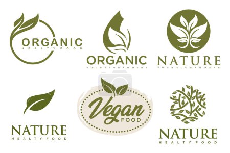 Téléchargez les illustrations : Ensemble de modèles et d'icônes de logo de produits naturels et biologiques modernes - en licence libre de droit