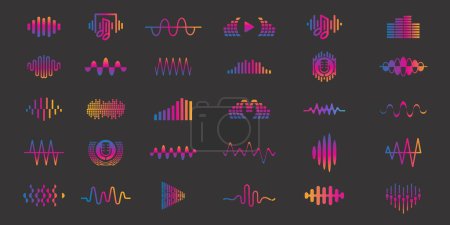 Sound wave icons set. Music waves symbols. Audio logos template. Voice equalizer emblems idea.