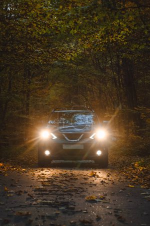 Téléchargez les photos : Voiture en forêt d'automne avec phares allumés - en image libre de droit