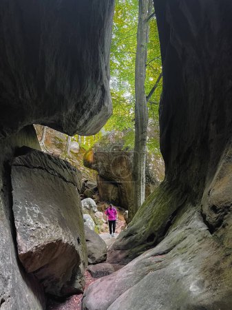 Téléchargez les photos : Homme randonnée touristique par les rochers sur l'espace de copie de forêt - en image libre de droit