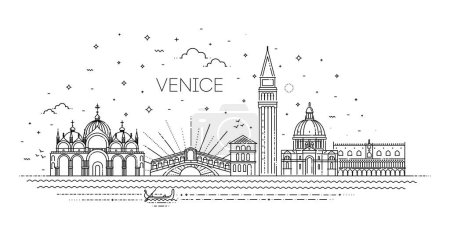 Téléchargez les illustrations : Italie, Venise, Ligne Art vectoriel illustration avec tous les bâtiments célèbres - en licence libre de droit