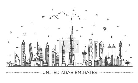Téléchargez les illustrations : Émirats arabes unis skyline avec panorama en arrière-plan ciel. Illustration vectorielle. - en licence libre de droit